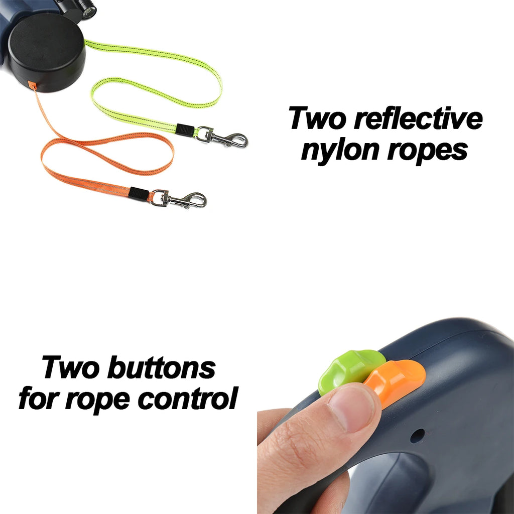Dual Anti-Tangling Retractable Dog Leash with Flashlight and Poop Bag Box