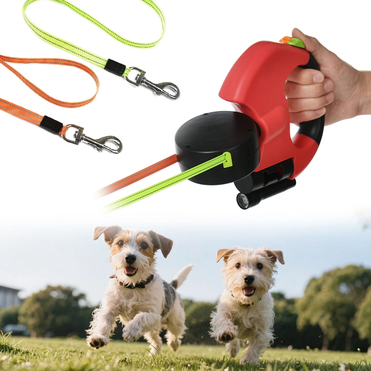 Dual Anti-Tangling Retractable Dog Leash with Flashlight and Poop Bag Box