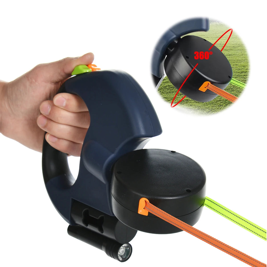 Dual Anti-Tangling Retractable Dog Leash with Flashlight and Poop Bag Box